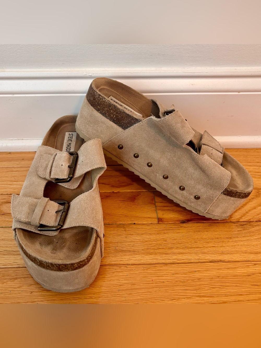 Steve Madden KALI Platform Sandals Taupe Suede Double Buckle Womens 7